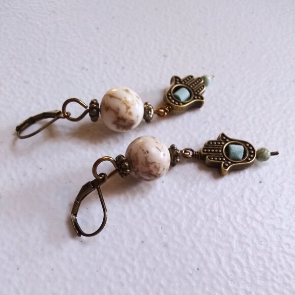 Hamsa Hand Dangle Earrings - Blessings & Protection - Natural Stone Beads - Picture 5 of 10